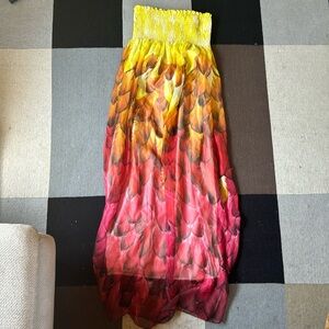 twenty one dress in sheer pinkish red orange yellow feathers size small